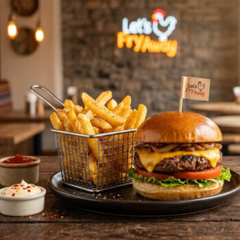 A juicy cheeseburger with melted cheddar cheese and a side of golden crispy chips from Let's Fry Away Nairobi.