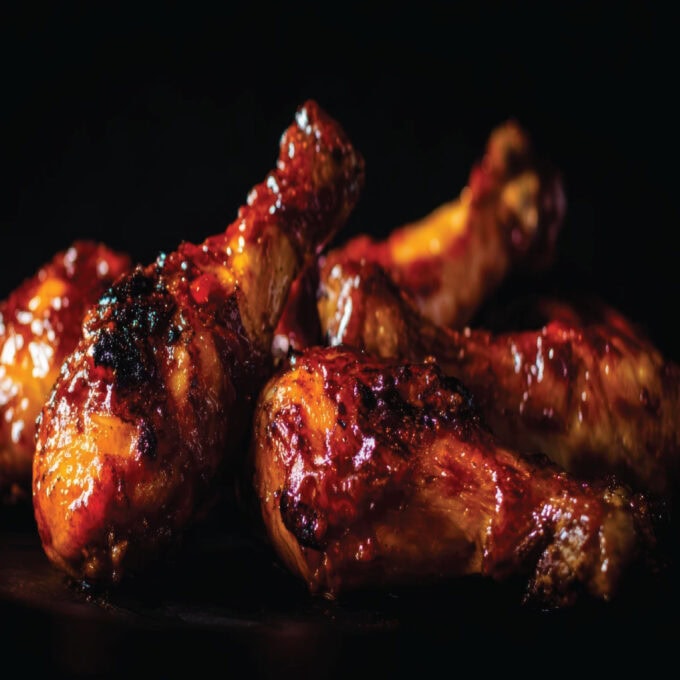 A basket of crispy, juicy chicken wings heavily coated in a sticky, glistening sweet and smoky honey BBQ sauce, served fresh at Let's Fry Away.
