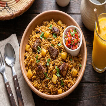 A steaming plate of Let's Fry Away's Authentic Swahili Beef Pilau with Kachumbari.