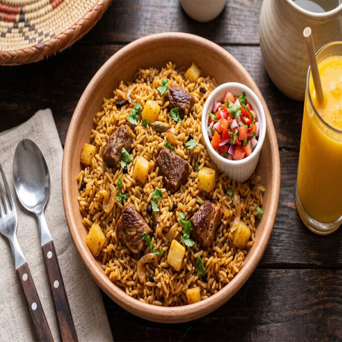 A steaming plate of Let's Fry Away's Authentic Swahili Beef Pilau with Kachumbari.