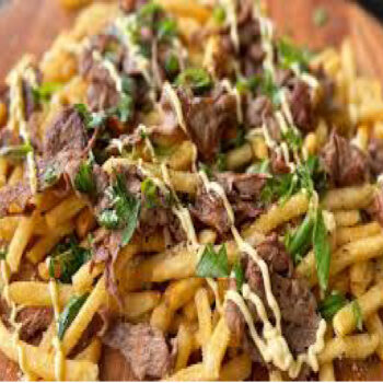 A hot, steaming bowl of golden fries stir-fried in a rich, savory dark sauce with colorful diced bell peppers and onions, served fresh at Let's Fry Away.