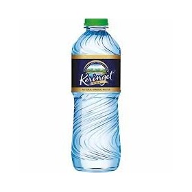 A clear plastic 500ml bottle of branded generic mineral water with condensation and water droplets, sitting on a clean, dark wood-grain fast-food counter in Kilimani.