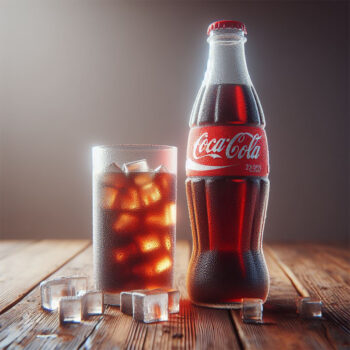 A perfectly chilled, opened 350ml glass bottle of a popular cola soda with condensation, resting on a dark rustic wooden table at a fast-food counter in Kilimani.